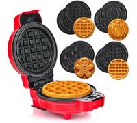 LEHMANN Mini Piastra per Waffle con Piastre Intercambiabili, Forme Zucca, Omino di pan di zenzero, Cuore e Classica, Rivestimento antiaderente - Ideale per le feste dei bambini, Rosso