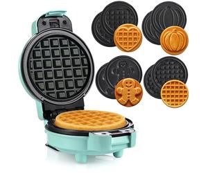 LEHMANN Mini Piastra per Waffle con Piastre Intercambiabili, Forme Zucca, Omino di pan di zenzero, Cuore e Classica, Rivestimento antiaderente - Ideale per le feste dei bambini, Verde Menta