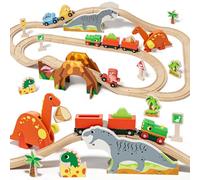 Lehoo Castle Ferrovia in legno, ferrovia in legno, per bambini, dinosauro giocattolo ferroviario in legno, treno Dino, compatibile con Brio, Thomas