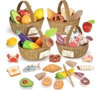 Lehoo Castle Set di cibo da gioco in legno, cibo giocattolo per i più piccoli, accessori da cucina per fingere, tagliare frutta e verdura, accessori Montessori per bambini 3-5