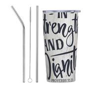 Lei è vestita di forza e dignità Proverbi 31 25 Tazza da viaggio in acciaio inossidabile con isolamento sottovuoto, coperchio a prova di perdite, isolamento a doppia parete, opzioni di cannuccia e s