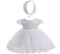 Leideur Abito da Battesimo Bianco con Cappellino per Neonato - in Pizzo per Matrimonio e Compleanno (Bianco 1, 3 Mesi)