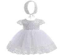 Leideur Abito da Battesimo Bianco per Bambine con Cappellino - Neonato, in Pizzo per Matrimonio, Compleanno (Bianco 1, 12 Mesi)
