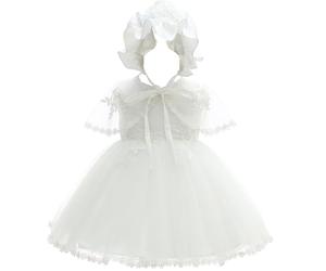 Leideur Bambine Abito da Battesimo Bianco con Cappellino Abito da Battesimo Neonato Abito in Pizzo per Matrimonio Compleanno (Bianco 4, 18Mesi)