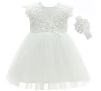 Leideur Bambine Abito da Battesimo con Cappellino - Abito Neonato in Pizzo per Matrimonio e Compleanno (Bianco, 6 Mesi)
