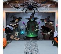 LEIDIMUS A, 16 x 7ft/4,8 x 2,1 m, striscione per porta di Halloween - Teschio, cimitero e fantasmi per esterni, giardino, feste e casa