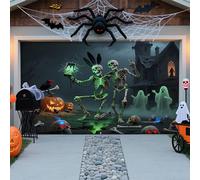 LEIDIMUS B,8 x 7ft/2,4 x 2,1 m, striscione per porta di Halloween - Teschio, cimitero e fantasmi per esterni, giardino, feste e casa