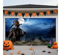 LEIDIMUS C, 16 x 7 ft/4,8 x 2,1 m, striscione per porta del garage di Halloween, film horror con fantasmi, lapidi e zucche, decorazione esterna per casa, feste e festività