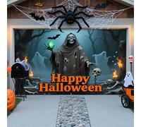 LEIDIMUS C,16 x 7ft/4,8 x 2,1 m, striscione per porta di Halloween - Teschio, cimitero e fantasmi per esterni, giardino, feste e casa