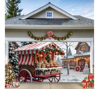 LEIDIMUS C,8 x 7 ft/2,4 x 2,1 m, striscione natalizia per porta del garage - Passeggino regalo rosso nel villaggio innevato - Grande murale per esterni per garage, veranda o decorazione da parete in