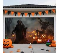 LEIDIMUS E, 6,5 x 5 ft/2 x 1,5 m, striscione per porta del garage di Halloween, film horror con fantasmi, lapidi e zucche, decorazione esterna per casa, feste e festività