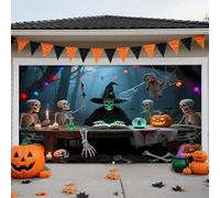 LEIDIMUS E,8 x 7 ft/2,4 x 2,1 m, copertura per garage di Halloween - sfondo horror con fantasmi, lapidi e zucche - decorazione esterna per casa, feste e festività