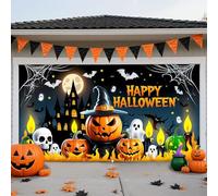 LEIDIMUS E, 8 x 7 ft/2,4 x 2,1 m, copertura per porta del garage di Halloween, grande striscione a zucca e fantasma, sfondo in stile horror per casa, feste e feste