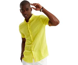 Leif Nelson Camicia in lino da uomo, a maniche corte, in lino, per il tempo libero e il lavoro, misto lino e cotone/vestibilità regolare, giallo., S