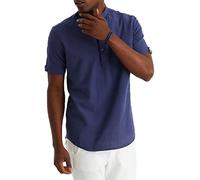 Leif Nelson Camicia in lino da uomo, a maniche corte, per il tempo libero e il lavoro, misto lino e cotone/vestibilità regolare, Blu, XL