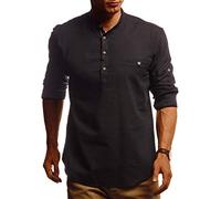 Leif Nelson LN3865 - Camicia da uomo in lino, a maniche lunghe, estiva, con colletto alto, 100% cotone, per il tempo libero, slim fit, Nero , S