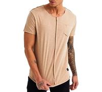 Leif Nelson Maglietta da uomo estiva scollo rotondo, vestibilità normale, 100% cotone, maglietta basic da uomo, a maniche corte, maglietta da uomo lunga, beige., L
