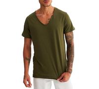 Leif Nelson Maglietta estiva da uomo, con scollo a V, slim fit, in cotone, stile moderno, da uomo, con scollo a V, a maniche corte, lunghezza LN6280, cachi, M