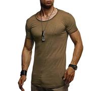 Leif Nelson - Maglietta estiva da uomo, scollo a girocollo, Slim Fit, in cotone, maglietta da uomo, girocollo, felpa con cappuccio a maniche corte LN8209 cachi M