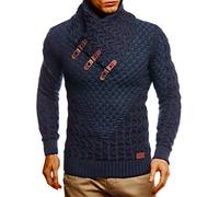 Leif Nelson Pullover da uomo lavorato a maglia, a maniche lunghe, slim fit, felpa basic con collo sciallato e finta pelle, Blu, 5XL
