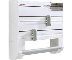 Leifheit Portarotolo Cucina Parat Plus, Taglio Netto a Parete | Portarotoli per pellicola e alluminio, supporto carta assorbente, vano sacchetti freezer, dispenser nastro, lame sicure