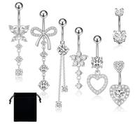 Leikedun 7 piercing per ombelico in acciaio inox chirurgico, 14 G, a forma di cuore, con fiocco, gioielli per donne e ragazze, Misura unica, Acciaio inossidabile chirurgico, Zirconia cubica