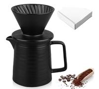 Leikurvo Pour Over - Set di caffettiera da 450 ml, in porcellana con tazza e 100 filtri di carta, contagocce in ceramica, per casa, ufficio, attività all'aperto, campeggio (nero)