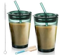 Leikurvo Set di 2 bicchieri verdi con coperchio e cannuccia, in vetro, 450 ml, per frullati, caffè, acqua, tè