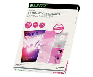 Leitz 33808 Laminating Pouches Made of 125 Micron Thick Material (Transparent, G