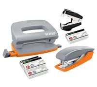 Leitz 5507 - Set di punzonatrice e perforatrice con graffette di stoccaggio e rimuovi punti (grigio/arancione)