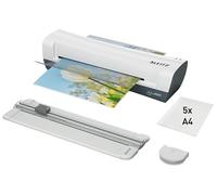 Leitz iLAM Set 4-in-1 Macchina Plastificatrice a Caldo A4, Confezione da 5 Pouch da 80 Micron, Taglierina e Arrotondatore degli Angoli, per l'Uso a Casa o in Ufficio, Bianco e Grigio, 74340001