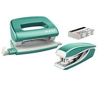 Leitz Set con Mini Cucitrice e Perforatore, Capacità fino a 10 Fogli, Include Punti, Gamma WOW, Blu (Ghiaccio)