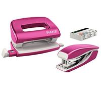 Leitz Set con Mini Cucitrice e Perforatore, Capacità fino a 10 Fogli, Include Punti, Gamma WOW, Rosa