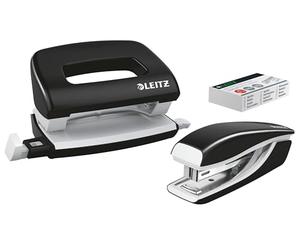 Leitz Set con Mini Cucitrice e Perforatore, Capacità fino a 10 Fogli, Include Punti P2 Numero 10, Gamma WOW, 55612095, Nero