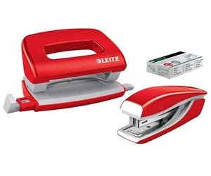 Leitz WOW Set con Mini Cucitrice e Perforatore con Capacità di 10 fogli, Include 1000 punti P2 N°10, Rosso Metallizzato, 55612026