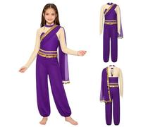 Lejafay Bambina Vestito di Principessa Araba per Ragazze Pantaloni Lanterna E Abiti Una Pezza Lucenti con Sequine Rhinestones E Sciarpa Viola 11-12 Anni