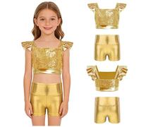 Lejafay Bambine Camici Top Metà Braccio Metallici Con Pantaloncini Pieghe Lucenti Abbigliamento Cheer Costumi La Danza Jazz Abbigliamento Il Hip Hop Oro 15-16 anni