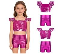 Lejafay Bambine Camici Top Metà Braccio Metallici Con Pantaloncini Pieghe Lucenti Abbigliamento Cheer Costumi La Danza Jazz Abbigliamento Il Hip Hop Rosa scuro 11-12 anni