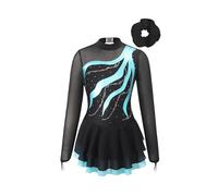 Lejafay Vestito da Pattinaggio Artistico con Diadema per Bambina Body Brillante da Danza Manica Lunga con Gonna A tutù A Strati Abito Ballerina Competizione Anni Lago Verde 13-14 Anni