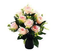 Lejelyma Cemetery Flowers for Grave, 15 inch 12 Heads Artificial Roses with Pot, Silk Grave Flowers for Headstones Tombstone