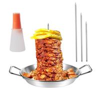 Lejelyma Kebab Plate And Skewer, 10" Stainless Steel Vertical Skewer Kebab Pan with 3 Sizes Removable Spikes And Oil Bottle Brush for Whole Chicken Fish Sausage Steak