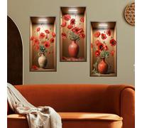 Lekabee Adesivo murale 3D piante verdi, 3 pezzi 3D vasi fiori adesivi murali decalcomanie per soggiorno camera da letto cucina decorazione, adesivi 3D fiori rossi