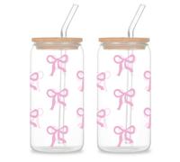 LEKEFETO 2 Pezzi Bicchiere di Vetro con Coperchio e Cannuccia, Bicchiere di Vetro a Fiocco 16 Oz con Coperchio e Cannuccia, Bicchiere per Bubble Tea, Design Decorativo a Fiocco, Bicchiere Versatile