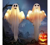 LEKEFETO 2 pezzi, decorazione per Halloween, fantasmi appesi con luce LED, 60 x 80 cm, decorazione fantasma con luce bianca calda, decorazione per giardino, terrazza, albero