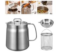 LEKEFETO Contenitore per Grasso in Acciaio Inox 2L Con Coperchio, Setaccio e Filtro a Maglia Fine - 2 in 1 per Olio e Grasso da Cucina