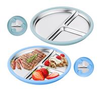 LEKEFETO Set di 2 piatti per bambini in acciaio inox con ventosa, 23 cm, divisi con custodia in silicone intercambiabile, infrangibili e antiscivolo, per famiglie (blu cielo e verde menta)