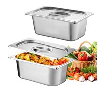 LEKEFETO Set di 2 vaschette per il paniere in acciaio inox con coperchio, impilabili per ristoranti, feste di famiglia, accessori per la gastronomia (32,5 x 17,5 x 6,5 cm)