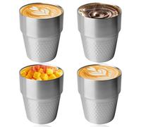 LEKEFETO Set di 4 bicchieri in acciaio inox da 300 ml, isolati a doppia parete, impilabili, motivo diamantato, argento, ideali per casa, bar, ristorante