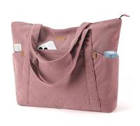 Lekespring Borsa Tote Bag Università Donna, Borsa a Tracolla Shopper Donna in Velluto a Coste con Cerniera, Elegante Borse Porta PC 15,6 Pollici per Viaggo Lavoro Scuola Palestra Ufficio, Rosa S