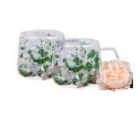 LeKuni Confezione da 2 bicchieri da latte macchiato con fiori secchi, 200 ml, a doppia parete, per tè, gelato, tè freddo, Iced Americano, latte, succo di frutta, verde